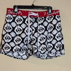 Men's Black and White Patterned Swim Board Shorts